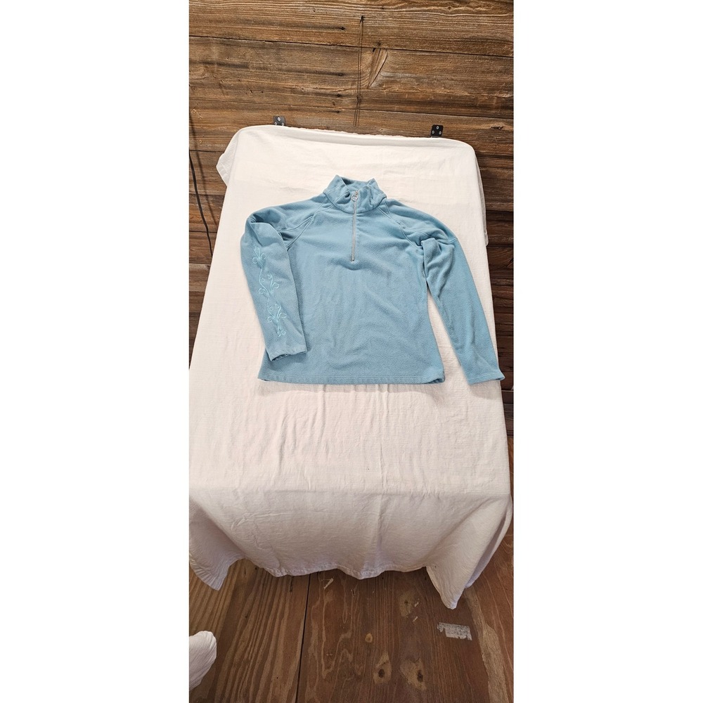 Athleta Womens Light Blue Quarter Zip Fleece Pullover Embroidered Sleeve AT46313